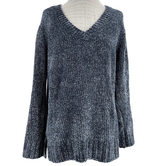 Orvis Chenille Sweater Steel Gray Blue Relaxed Soft Cozy V-Neck Shiny Size M
